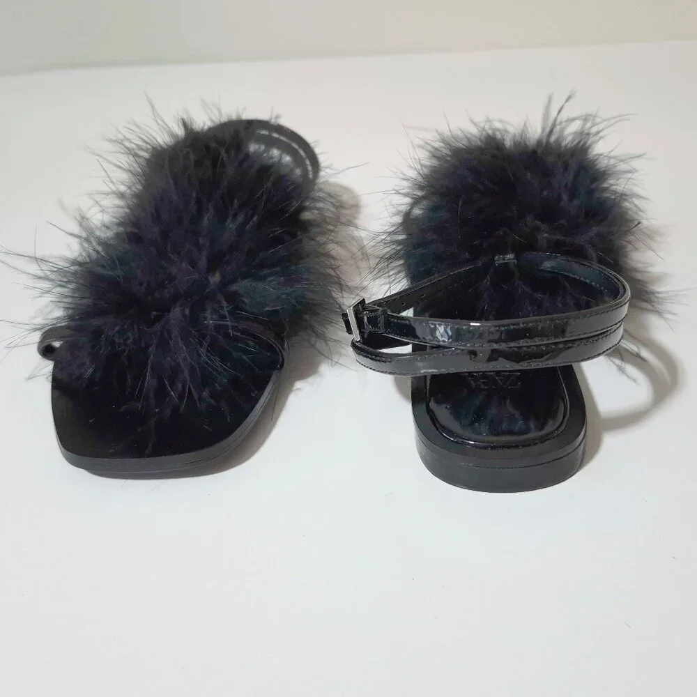 NWT Zara black feather accented flat strap up sandals, EU 36 - Picture 12 of 14